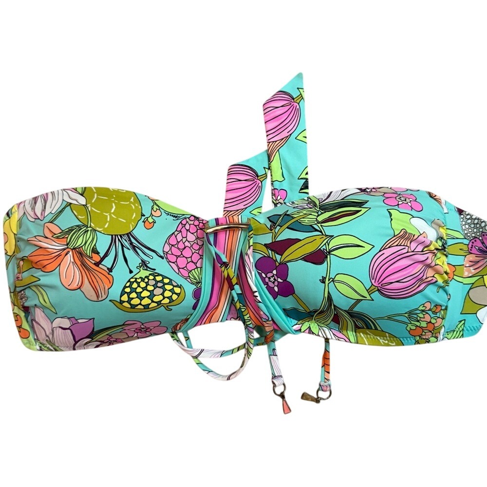 Trina Turk Floral Strapless Bikini Top Women's US 12 Green Blue Swim Resortwear